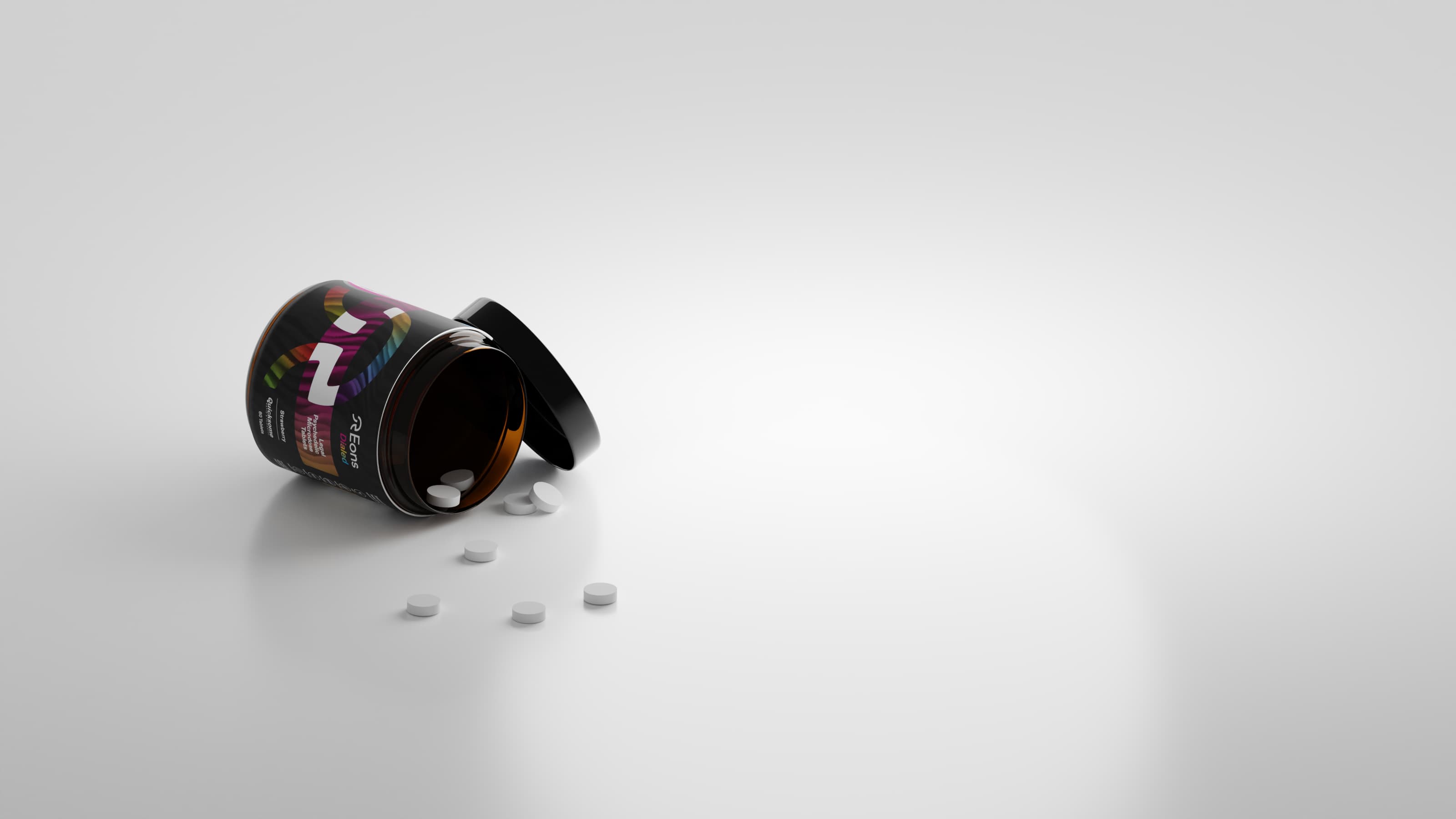 An image of an open Eons DIALED jar with Quicksome™ tablets on the ground in front of the jar.
