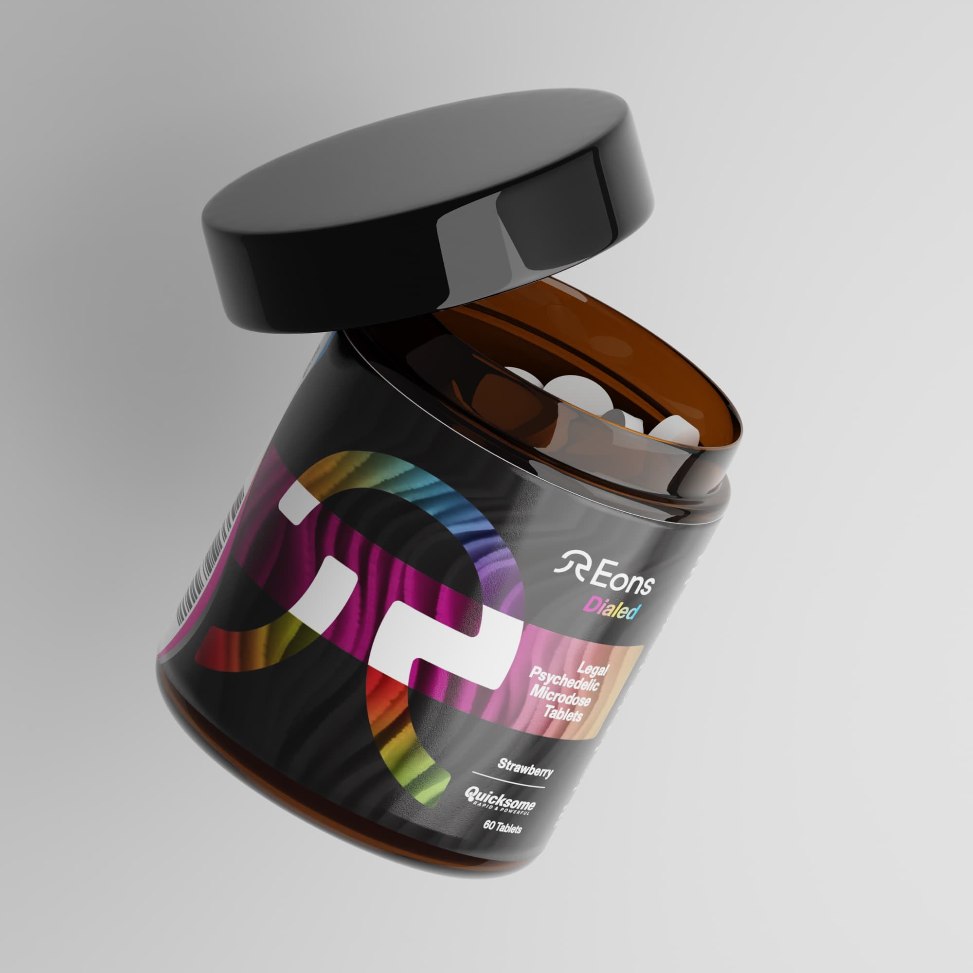 A photo of the Eons Dialed Product opened showing the quicksome tablets inside